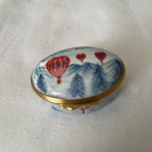 Halcyon Days EnameHand-Painted Porcelain Trinket Box with Hot Air Balloon Design